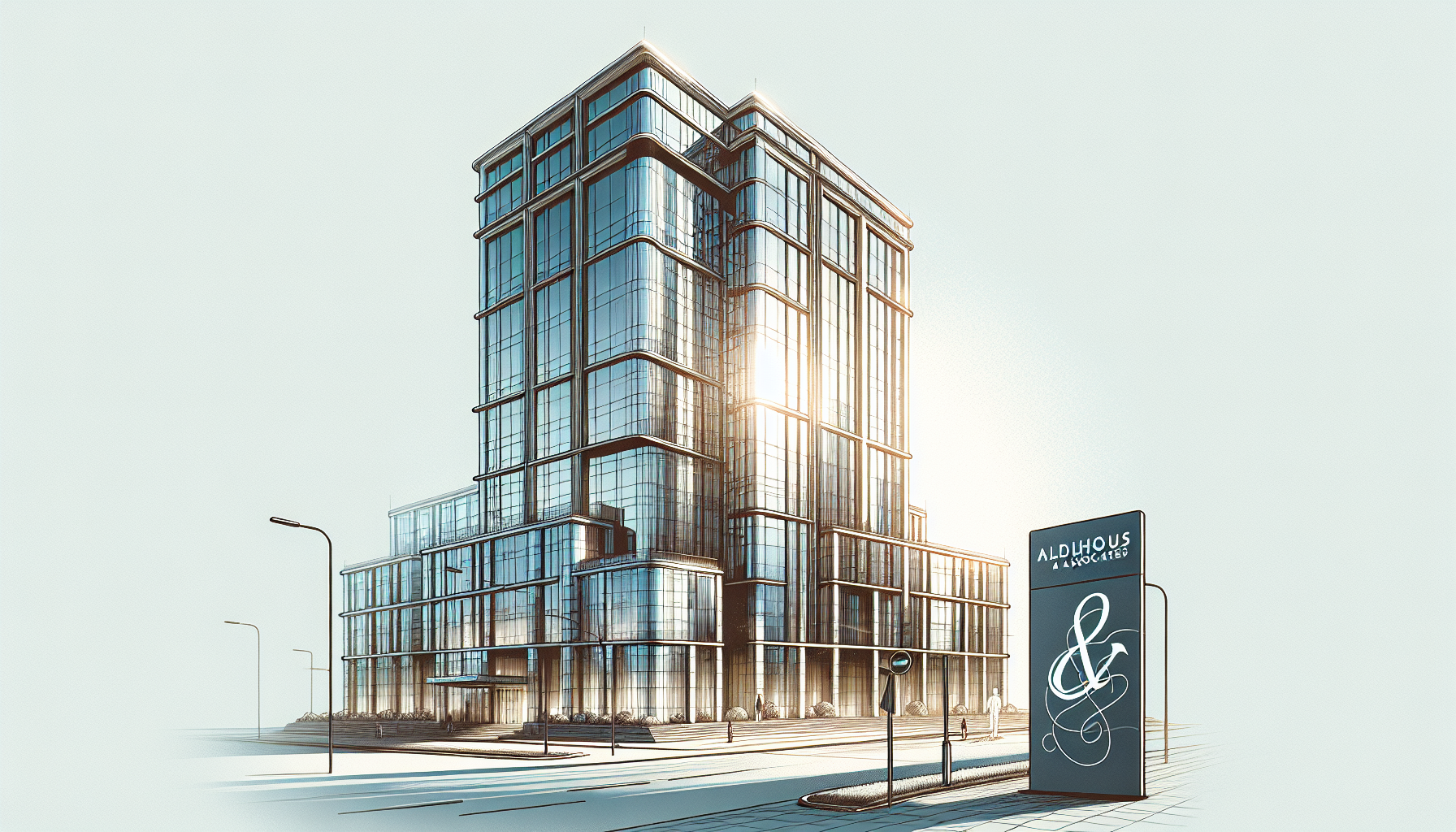 Illustration of a law firm building with the name Aldous & Associates on the signboard