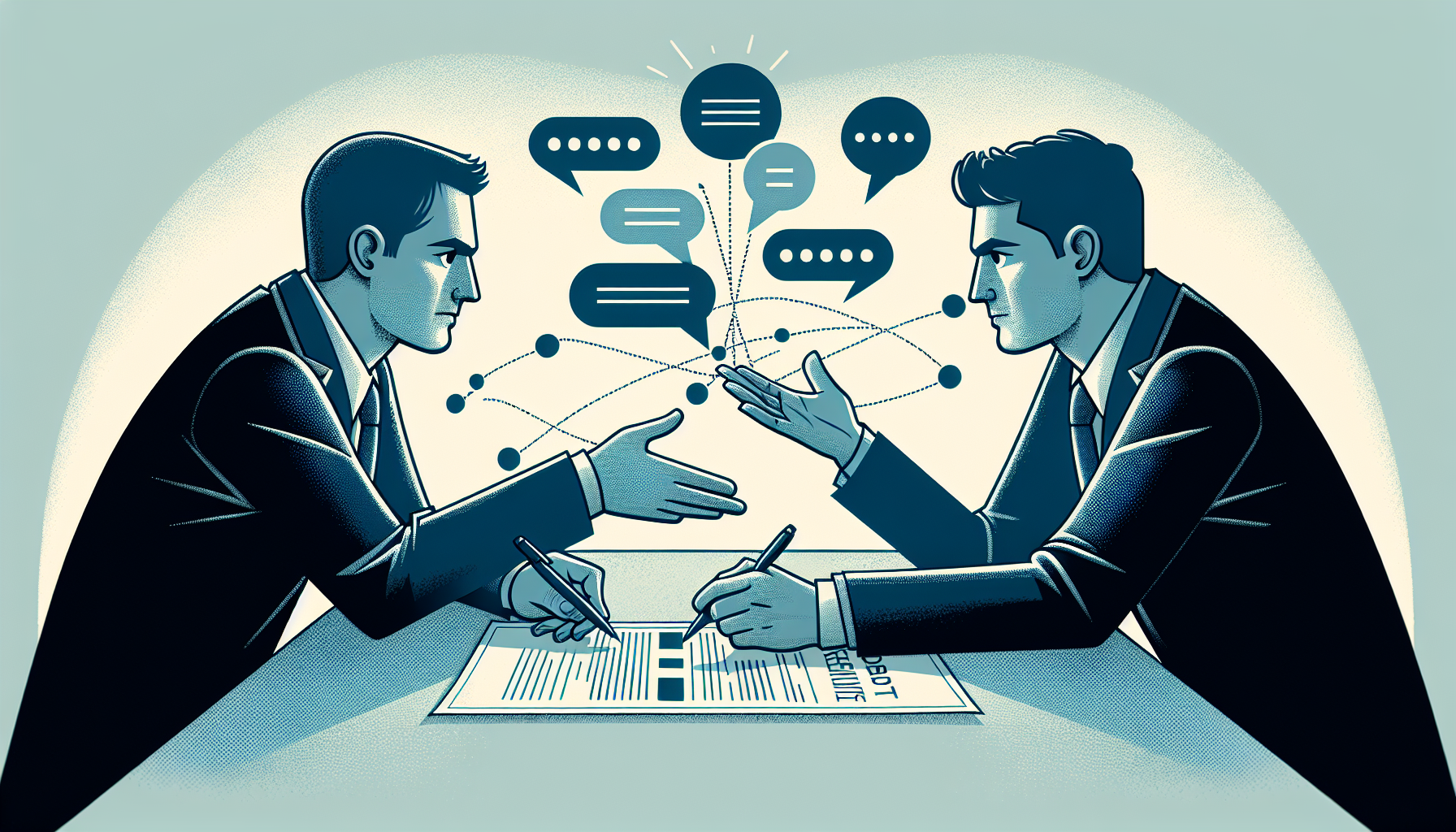 Illustration of two individuals engaged in a negotiation with speech bubbles