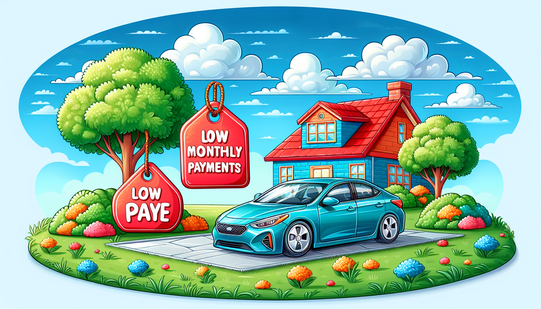 A cartoon representation of low monthly payment options for leasing.