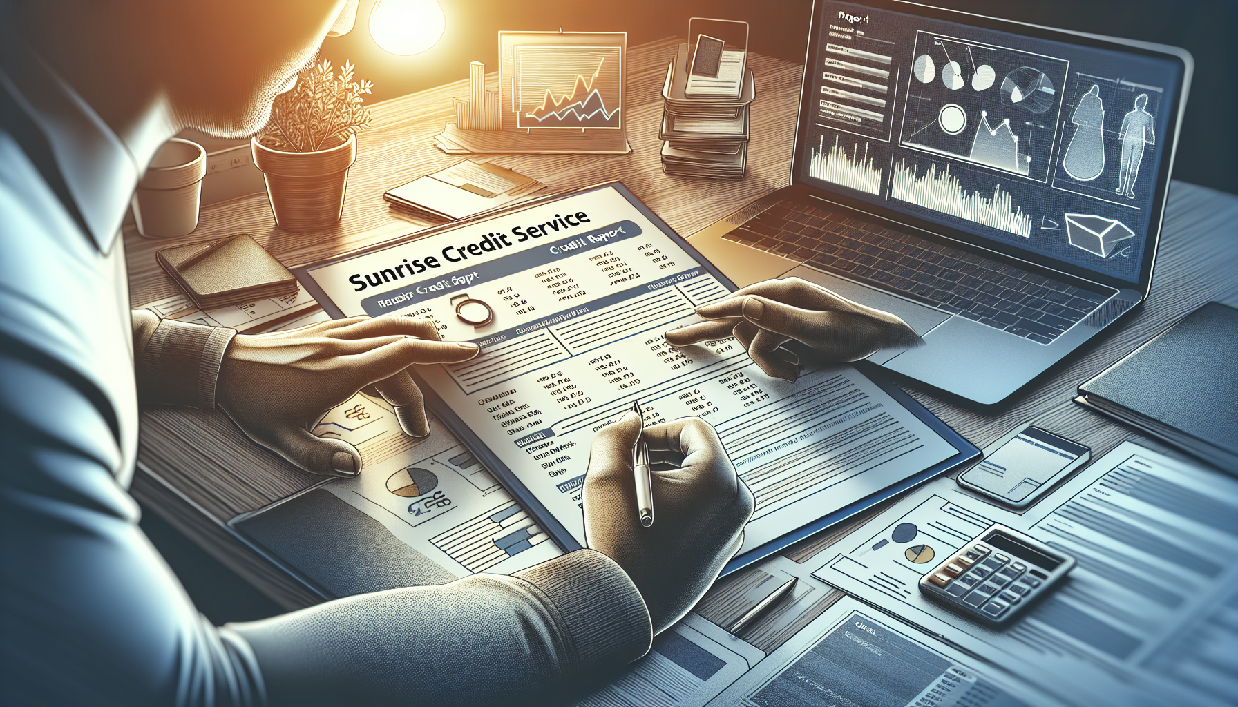 An illustration of a credit report being reviewed, highlighting Sunrise Credit Services.