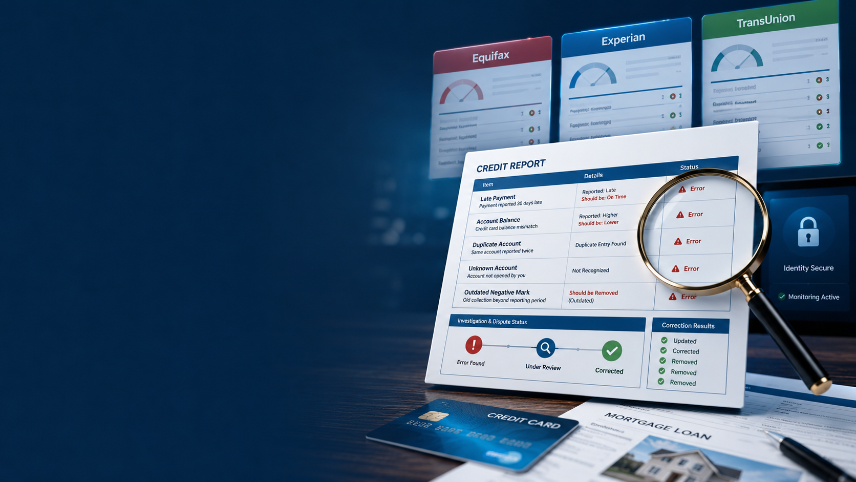 Credit report errors and dispute process for Equifax, Experian, and TransUnion