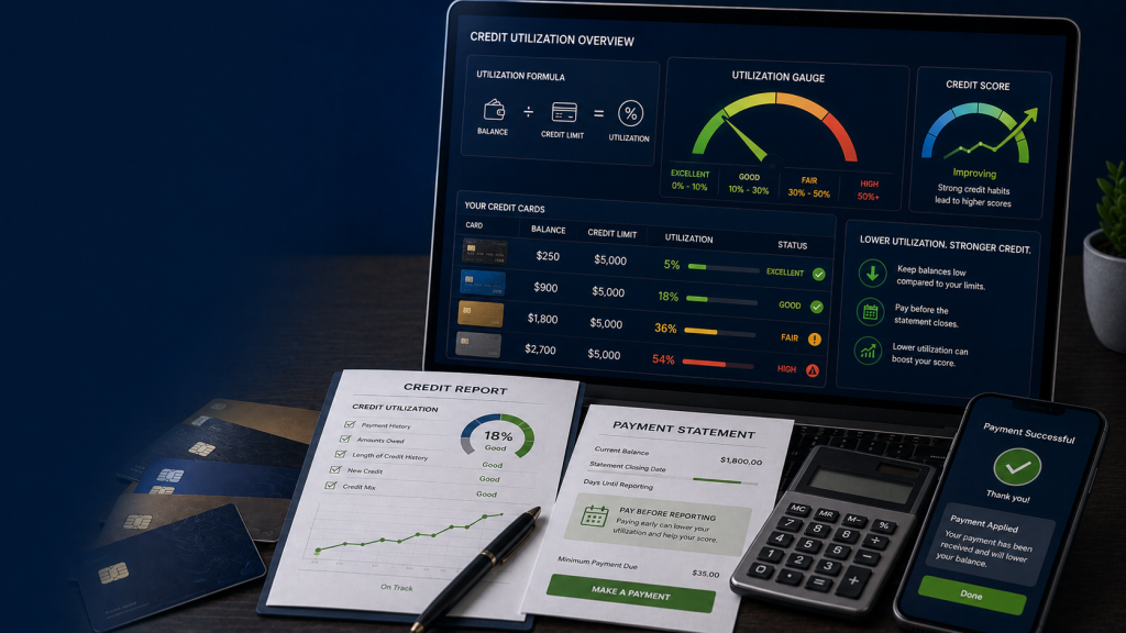 Credit utilization ratio explained with credit card balances and limits